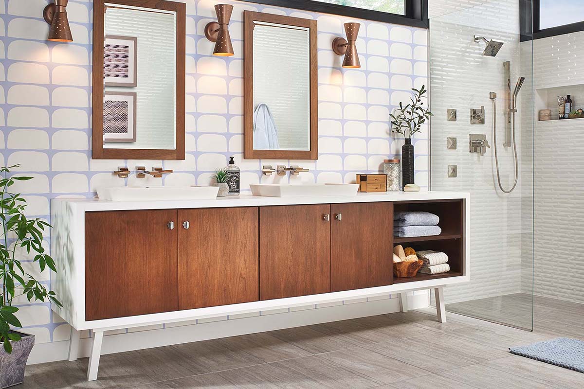 Modern bathroom with white and wood double sink vanity