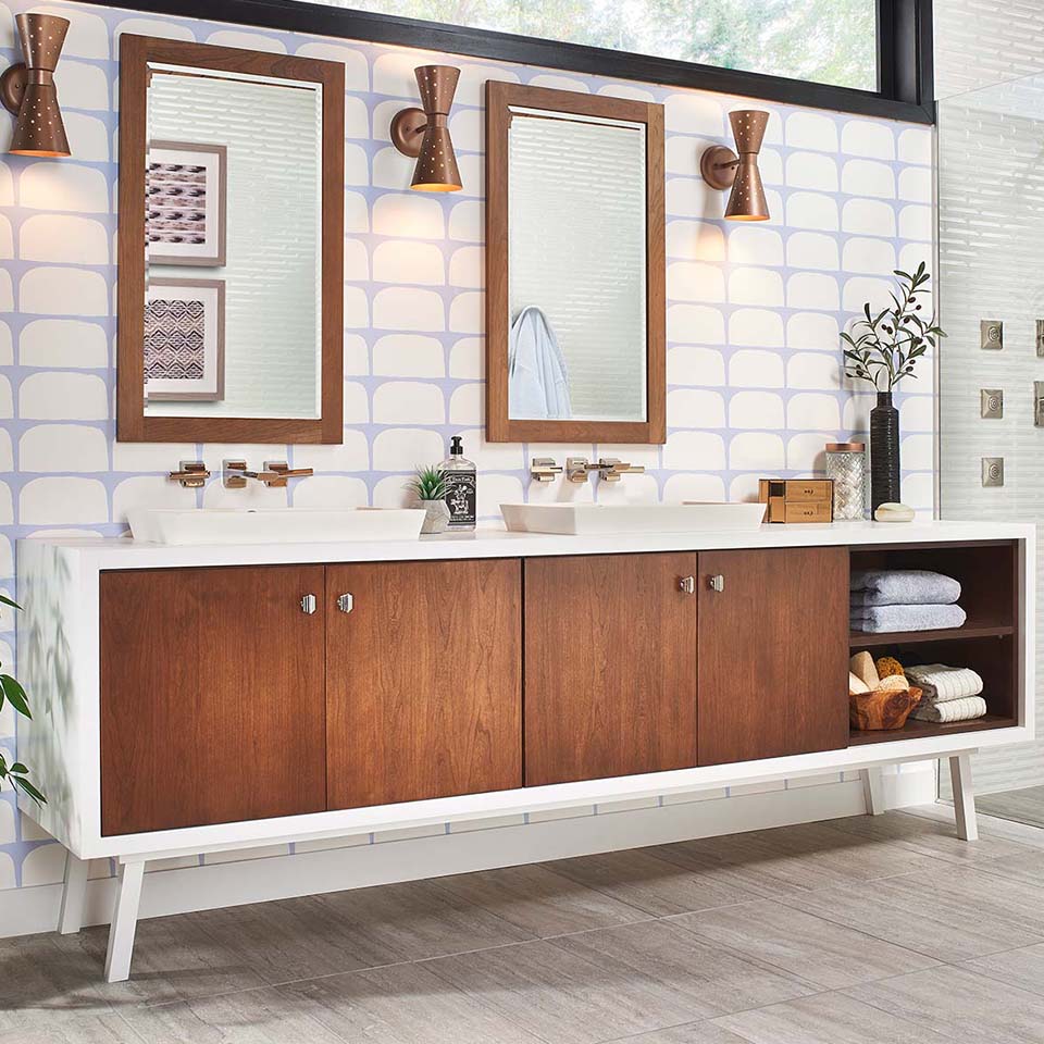 Modern bathroom vanity for two with storage.