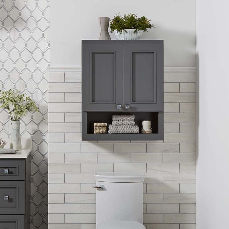 Wall mounted bathroom cabinet in grey.