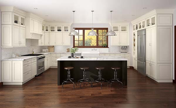 Large kitchen with white cabinets and a black kitchen island with seating for four.