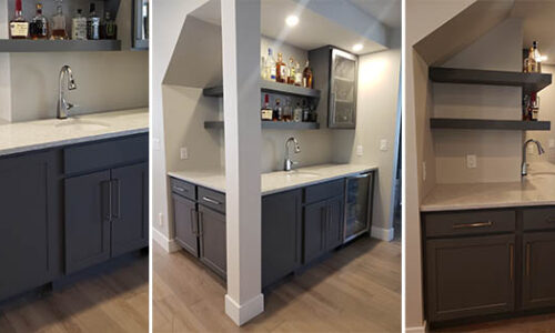 Three views of custom bar with blue cabinets, white granite countertops, sink, open shelving, under counter refrigerator