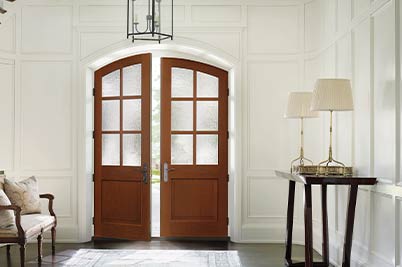 Thermatrue exterior doors wood and frosted glass with rounded tops