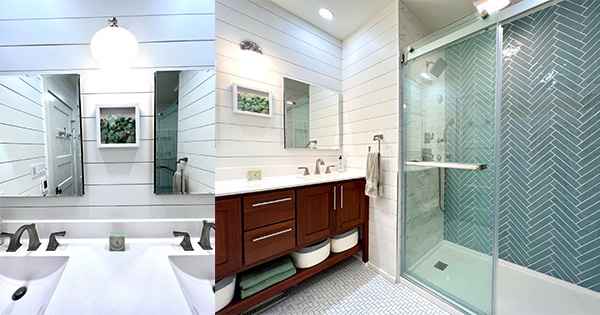 after Von Tobel remodel Bathroom with white shiplap, unique shower & floor tile, wood vanity