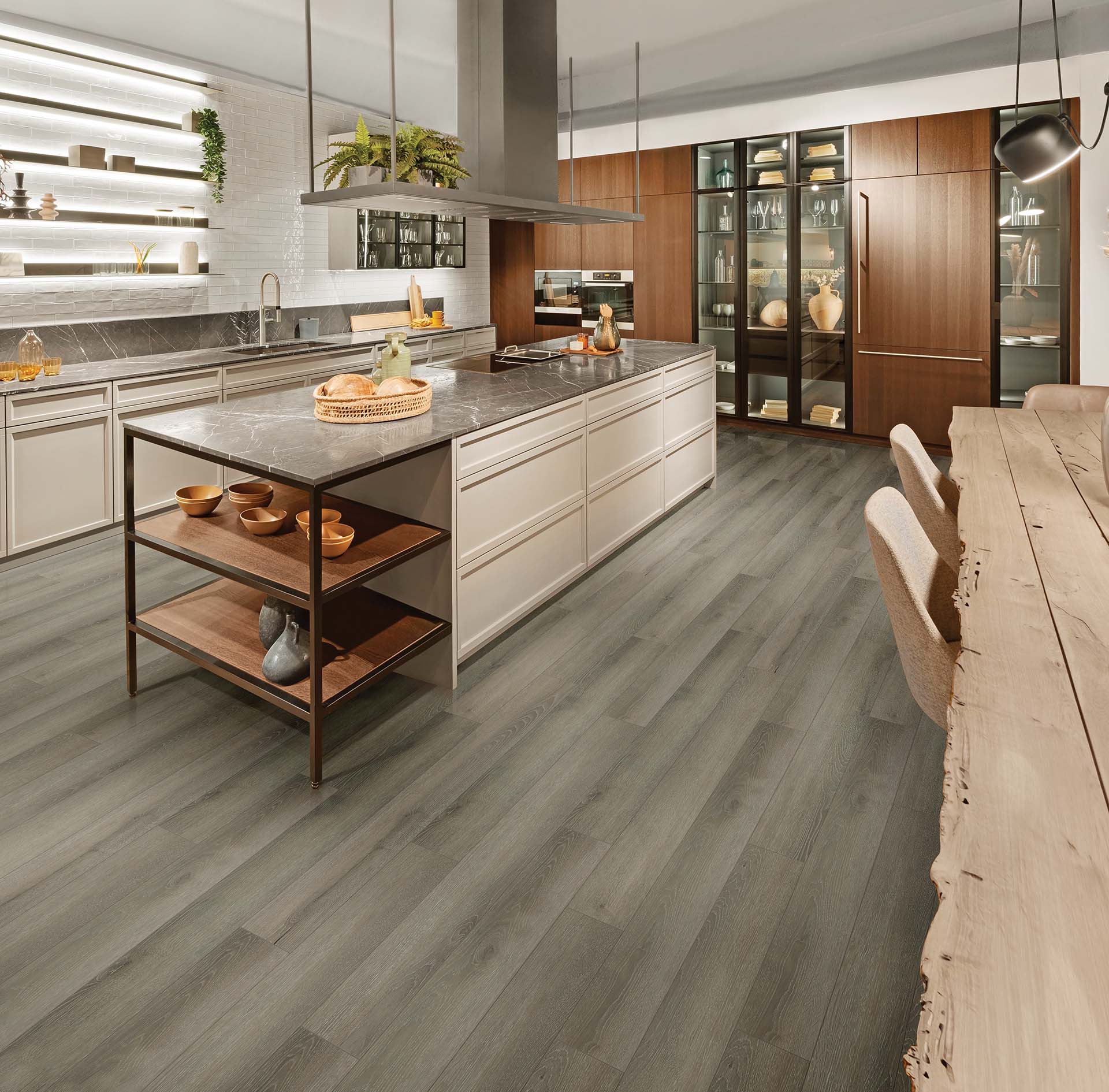 RigidCORE HD vinyl plank flooring in Brushed Gray in a kitchen.